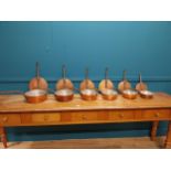 Exceptional quality set of six early 20th C. French Demuynck copper lidded saucepans with metal