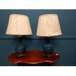 Pair of bronze and ceramic onion table lamps in the Oriental style with cloth shades {70 cm H x 32