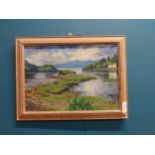 Two Oil on boards River and Mountain scenes in pine frames. {31 cm H x 40 cm W} and {40 cm H x 30 cm