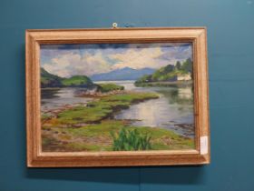 Two Oil on boards River and Mountain scenes in pine frames. {31 cm H x 40 cm W} and {40 cm H x 30 cm