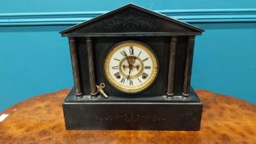19th C. slate mantle clock with gilded brass and enamel dial {34 cm H x 38 cm W x 10 cm D}.