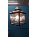 Good quality brass etched glass lantern HOTEL {64 cm H x 40 cm W x 40 cm D}.