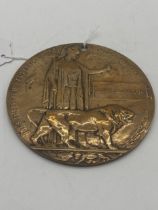 World War I Death Penny " He Died For Freedom And Honour " Engraved JOHN DONEGAN. { 12cm Dia }.