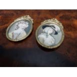 Two Edwardian miniatures mounted in gilded brass frames depicting ladies {11 cm H x 7 cm W}.