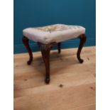 19th Carved oak stool with tapestry upholstered seat raised on cabriole legs {34 cm H x 54 cm W x 46