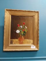 Gilt framed oil on board - Still Life - P Logue '93 {35 cm H x 29 cm W}.