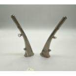 Pair of EPNS hunting horns. { 22cm L }.