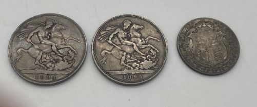 Two consecutive Victorian crowns - 1894 & 1895 and 1914 George V half crown.