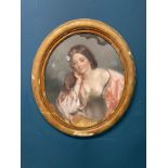 19th C. watercolour portrait of a lady mounted in an oval gilt frame {100 cm H x 87 cm W}.