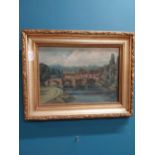 Gilt framed oil on canvas - River Scene - F M Venner {37 cm H x 48 cm W}.