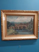 Gilt framed oil on canvas - River Scene - F M Venner {37 cm H x 48 cm W}.