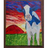 Acrylic on canvas Friesian Cow, signed by Moira Leddy {51cm H x 40cm W}