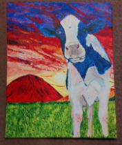 Acrylic on canvas Friesian Cow, signed by Moira Leddy {51cm H x 40cm W}