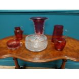 Collection six Ruby glass pieces and cut crystal bowl {Vase 22 cm H x 20 cm W x 16 cm D and Bowl 9