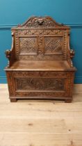 Good quality Victorian carved oak monks bench decorated with lions masks {110 cm H x 91 cm W x 43 cm