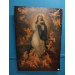 19th C. Continental school 'Virgin Mother surrounded by Cherubs' oil on canvas {123 cm H x 86 cm W}