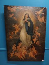 19th C. Continental school 'Virgin Mother surrounded by Cherubs' oil on canvas {123 cm H x 86 cm W}