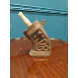 19th C. Middle Eastern brass and wood powder flask . {23 cm H x 12 cm W x 5 cm D}.
