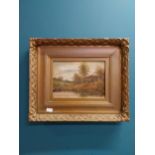 19th C. oil on canvas - Cottage Scene mounted on gilt frame. {51 cm H x 61 cm W}.