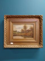 19th C. oil on canvas - Cottage Scene mounted on gilt frame. {51 cm H x 61 cm W}.