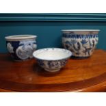Three pieces of blue and white Oriental ceramic bowls. {15 cm H x 20 cm Dia.}, {17 cm H x 16 cm