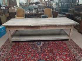 Good quality 19th C. scrubbed oak kitchen table on square legs with platform base. {73 cm H x 250 cm