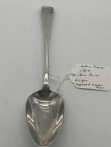 Rare Irish silver Old English patterned serving spoon, engraved with a ribbon and Cavan Regt.