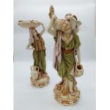 Pair of Royal Dux figures Basket Carriers. {40 cm H x 15 cm W x 12 cm D}.