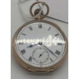 9ct. Gents gold open face pocket watch, the enamel face with Roman numerals. { 5cm Dia }.