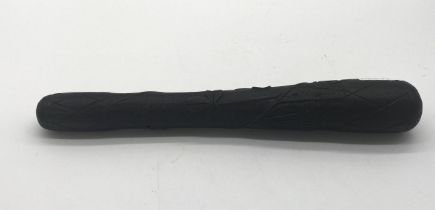 Hand carved bog oak truncheon decorated with shamrocks, harp and diamond design and engraved From