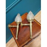 Pair of Edwardian brass wall lights with frosted glass shades {44 cm H x 12 cm W x 20 cm D}.