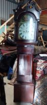 19th C. mahogany longcase clock with painted arch dial. {208 cm H x 48 cm W x 54 cm D}