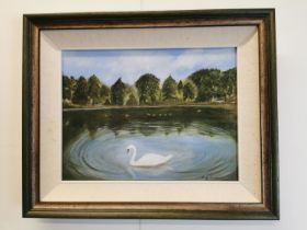 Liz Cadan Swan Swimming on the Lake Oil on Canvas mounted in a painted and gilt frame { 43cm H X