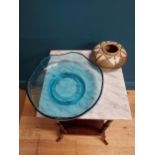 Blue glass bowl and ceramic bowl. {7 cm H x 30 cm Dia} and {8 cm H x 17 cm Dia.}.