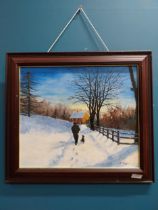 Framed oil on board - Walk in the Snow - C Shiels. {50 cm H x 66 cm W}.