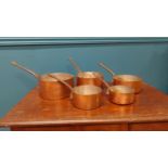 Good quality set of five graduated copper saucepans with metal handles {20 cm H x 40 cm W x 20 cm