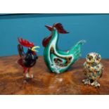 Two Murano glass models of Cockerels and mosaic model of an Owl {Largest Cockerel 19 cm H x 8 cm W x