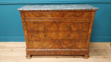 20th C. French burr walnut chest of drawers with marble top and four long graduated drawers {94 cm H