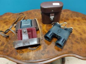 Early 20th C. Zeiss camera in original leather case and pair of vintage binoculars in original