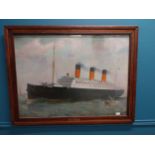 Early 20th C. framed print on metal on Cunard Line Berengaria by Bishop. {86 cm H x 111 cm W}