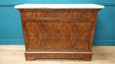 19th C. French burr walnut chest of drawers with marble top and four long graduated drawers {100