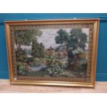 20th C. tapestry woodland scene mounted in gilt frame {199 cm H x 134 cm W}.