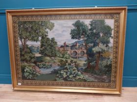 20th C. tapestry woodland scene mounted in gilt frame {199 cm H x 134 cm W}.