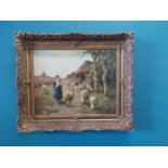 19th C. oil on canvas - Herding the Sheep mounted in giltwood frame. {58 cm H x 65 cm D}.