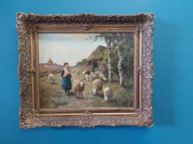 19th C. oil on canvas - Herding the Sheep mounted in giltwood frame. {58 cm H x 65 cm D}.