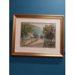 Framed watercolour - Farmyard Scene. {60 cm H x 75 cm W}