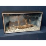 H.M.S Pegasus wreck off Nova Scotia September 1806 in mahogany glazed case {H 42cm x W 77cm x D 22cm