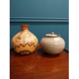Ceramic vase and lidded ceramic vase decorated with bees {23 cm H x 20 cm Dia} and {16 cm H x 18