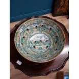 Oriental ceramic fruit bowl decorated with birds and foliage. {15 cm H x 44 cm Dia.}.