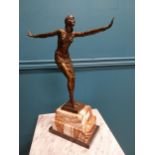 Good quality bronze model of an Art Deco dancer raised on marble base {47 cm H x 34 cm W x 13 cm
